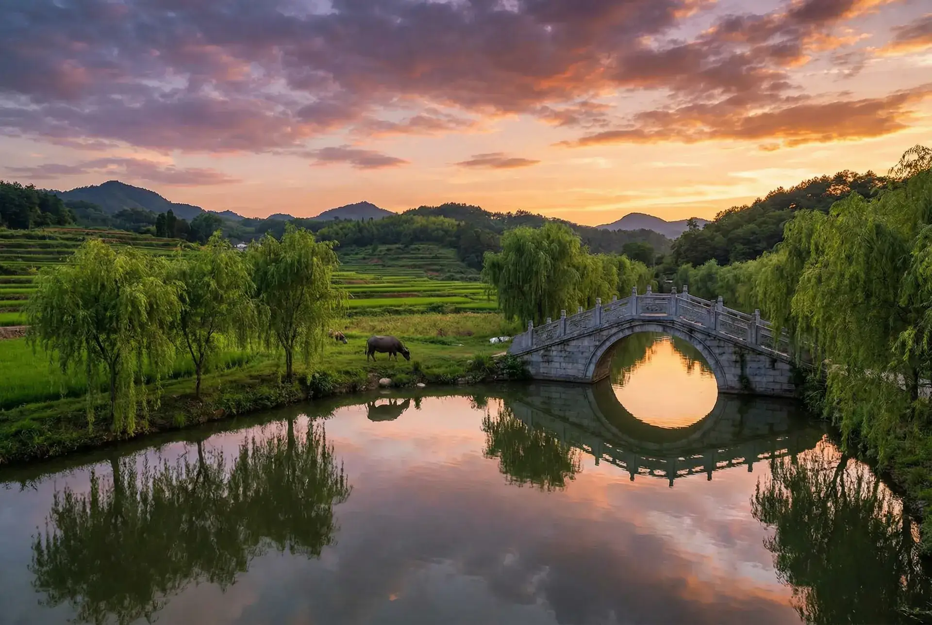 夕阳下的石拱桥与垂柳，水牛在河边吃草 - 突围免费完整版在线观看 乡村美景